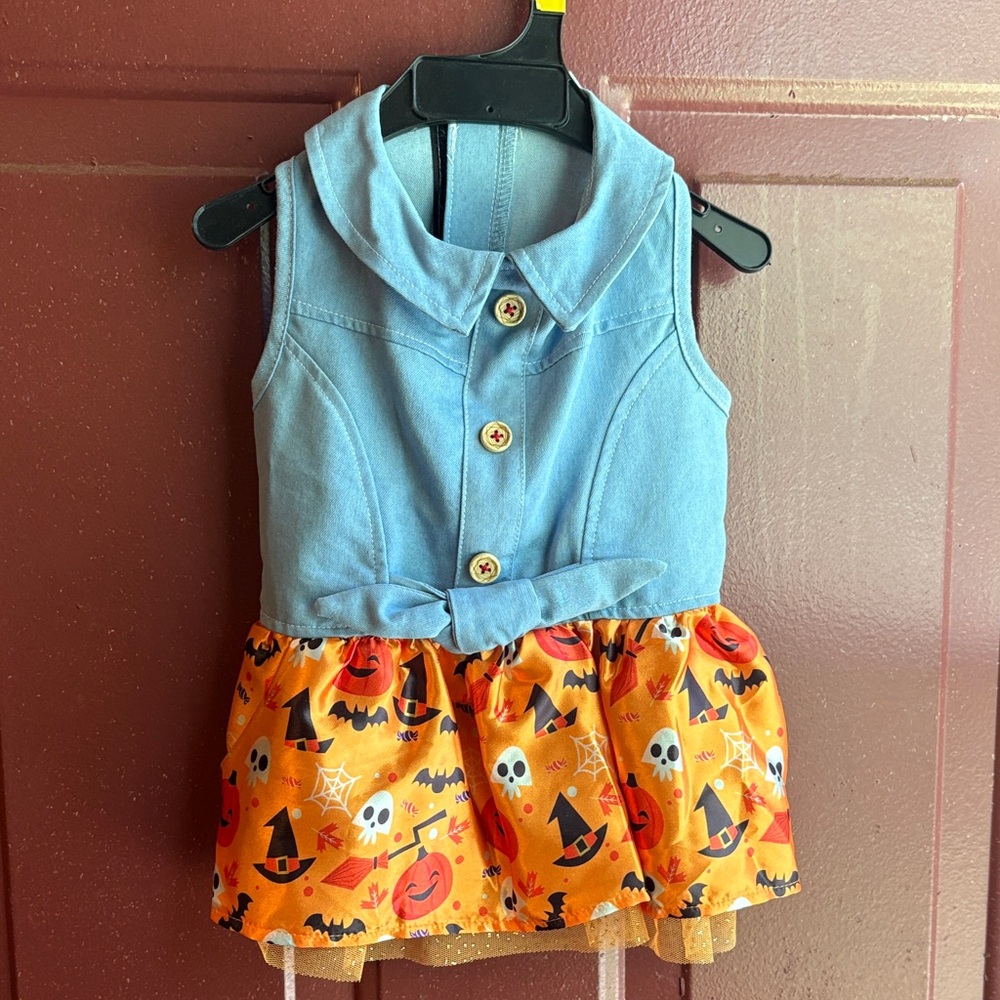 Halloween Dog Costume with Denim and Orange Design